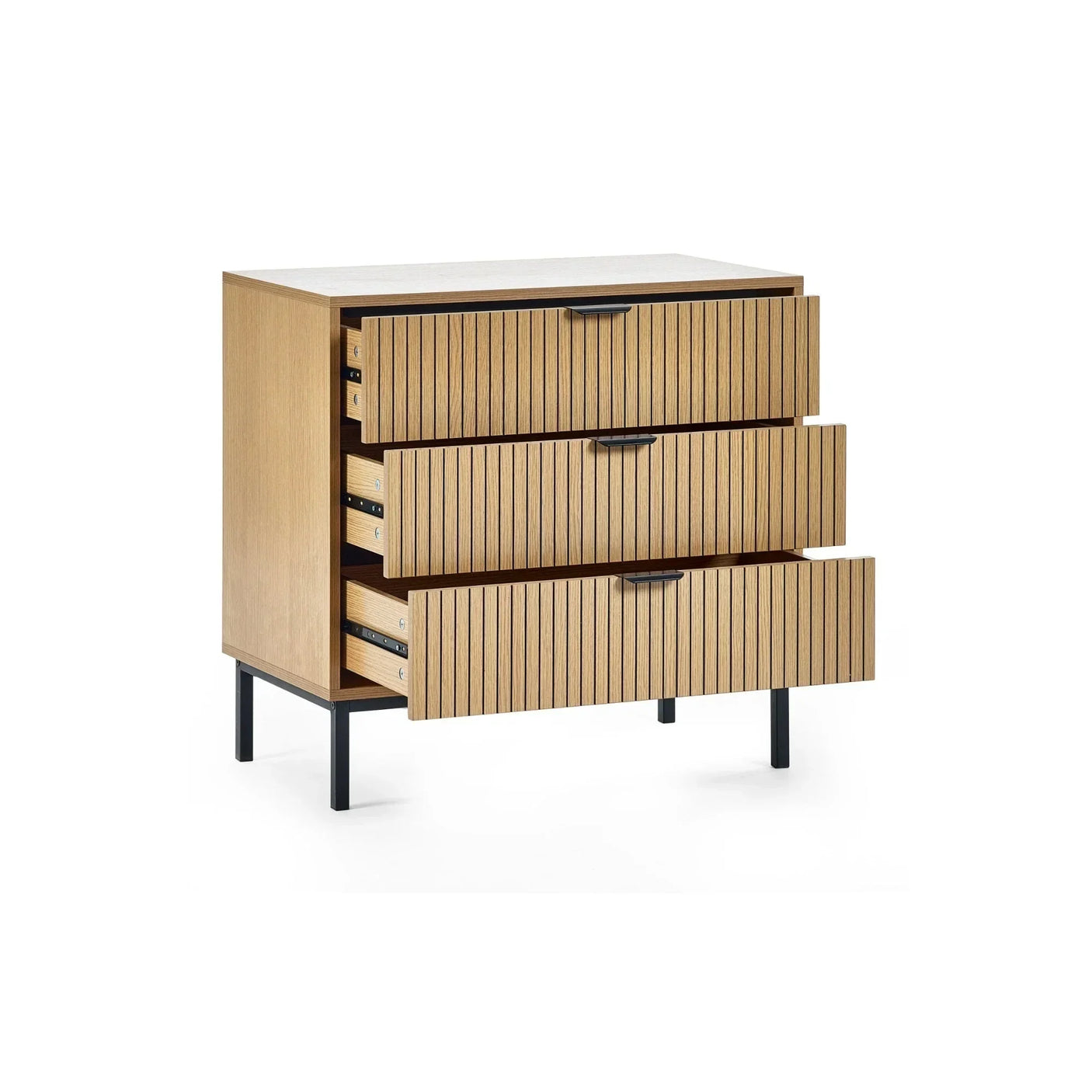 Oak chest of drawers with three slatted drawers open, metal handles, and black legs