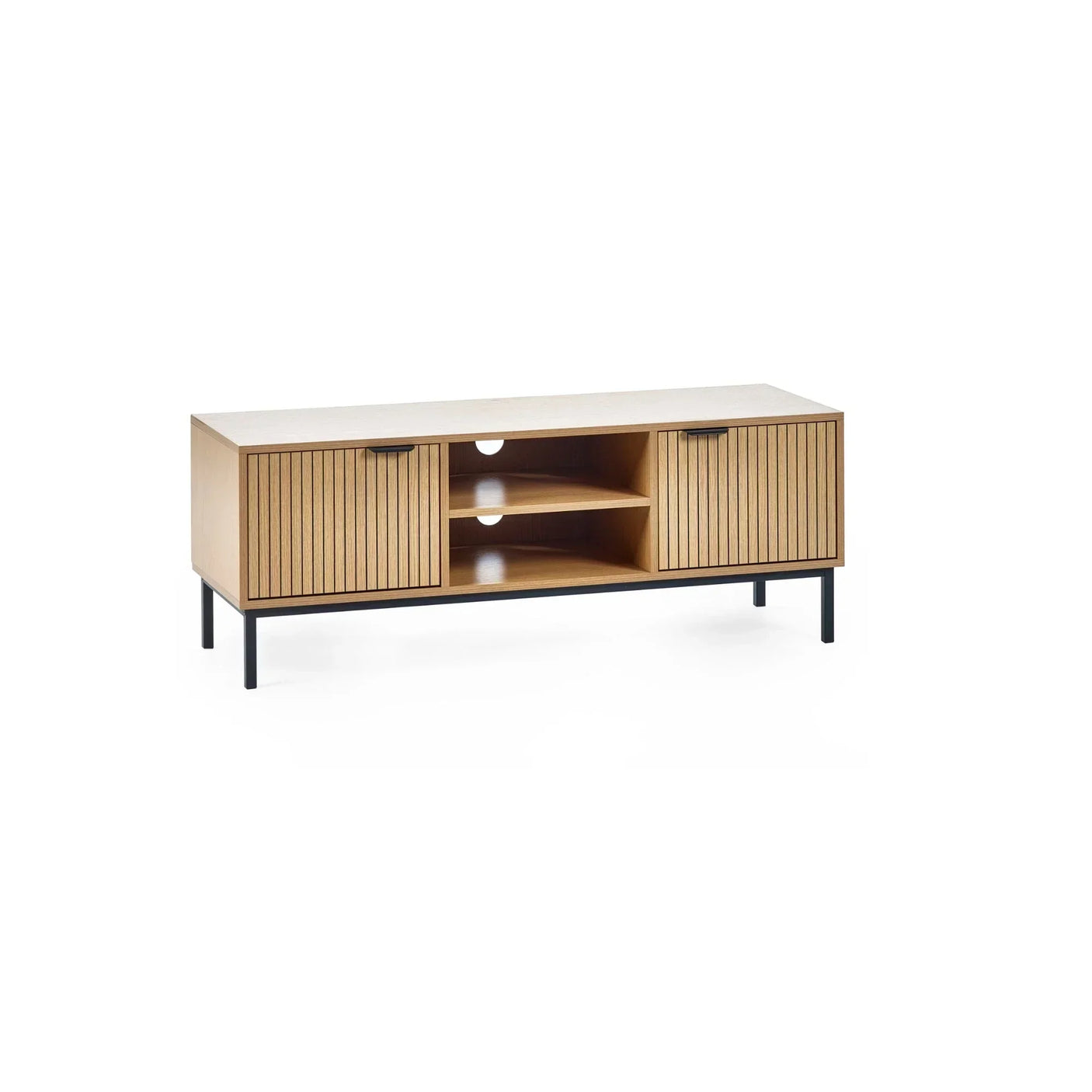 Wooden TV unit with slatted cupboard doors, open shelves and black metal legs