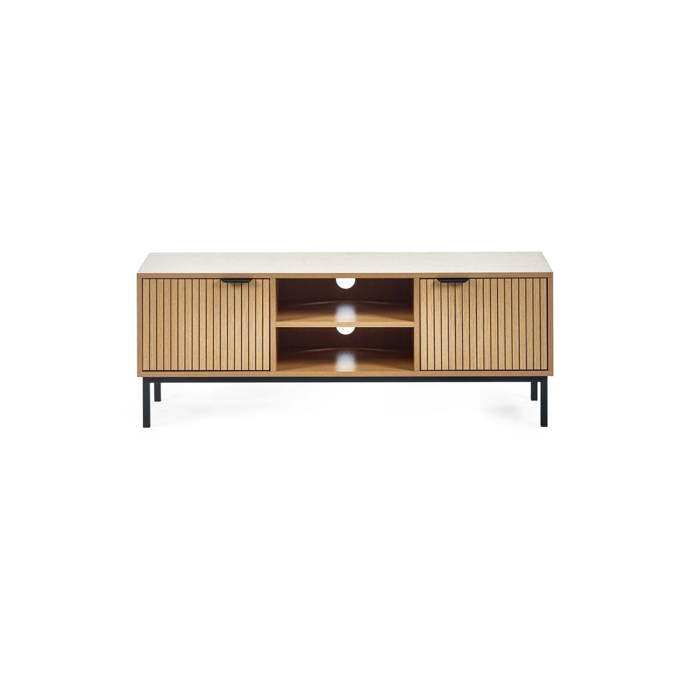 Wooden TV unit with slatted doors, open shelves and black metal legs, front view