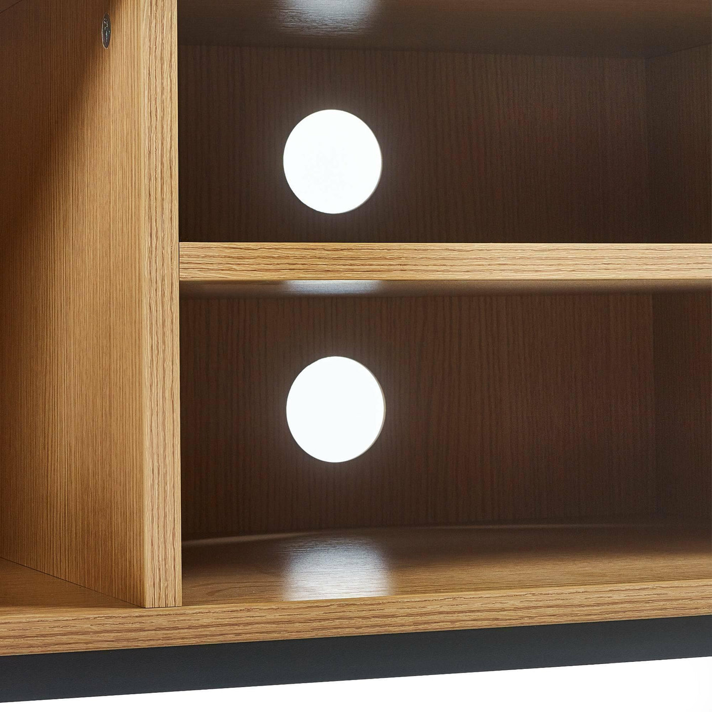 Oak TV unit shelf with cable management holes and natural wood grain finish