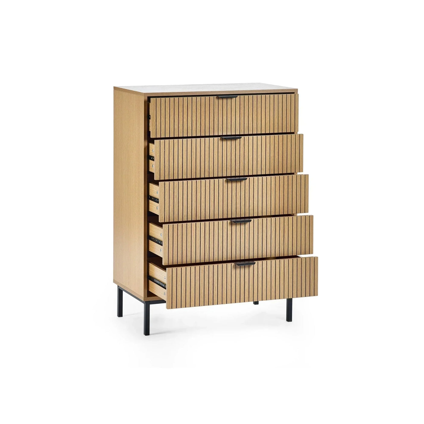 Tall wooden chest of drawers with vertical grooves and black metal legs, drawers open