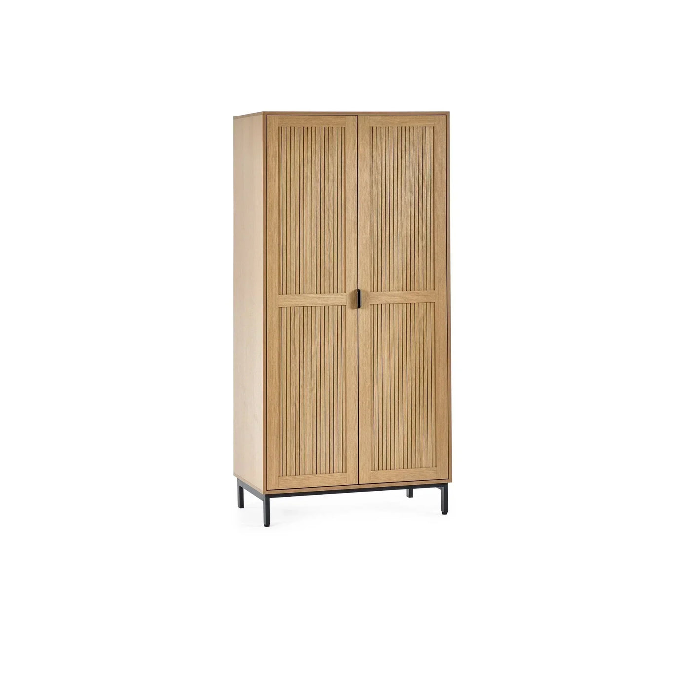 Tall wooden wardrobe with grooved doors and black metal legs