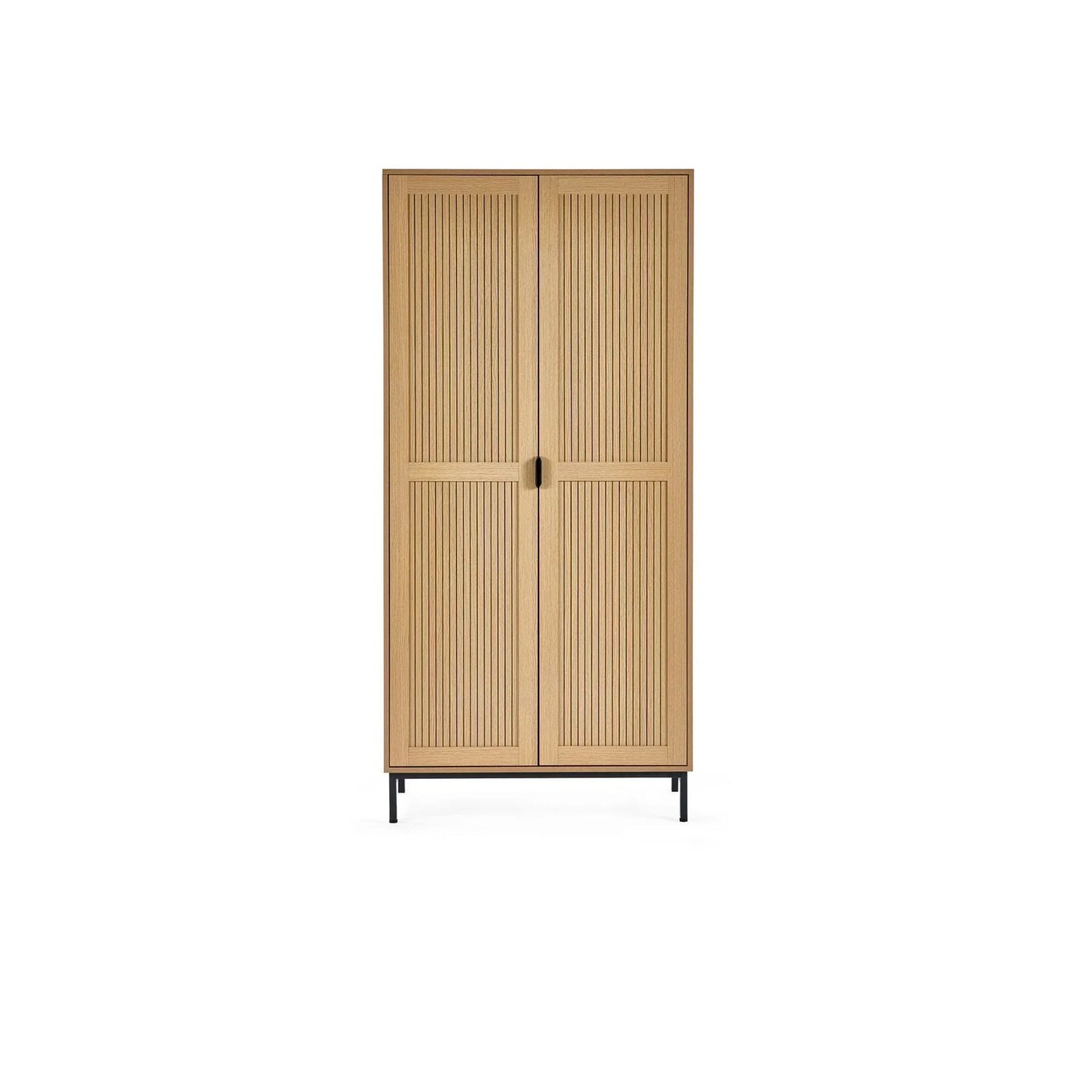 Tall wooden wardrobe with slatted doors and black metal legs, front view