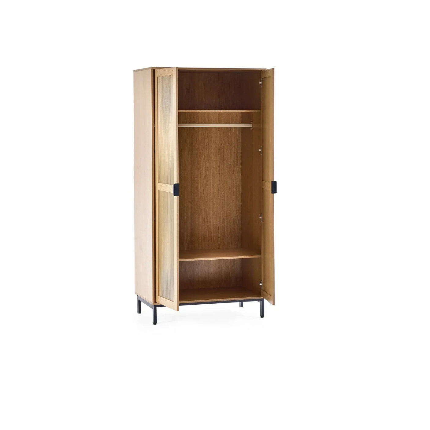 Oak wardrobe with open doors, hanging rail, lower shelf, and black legs