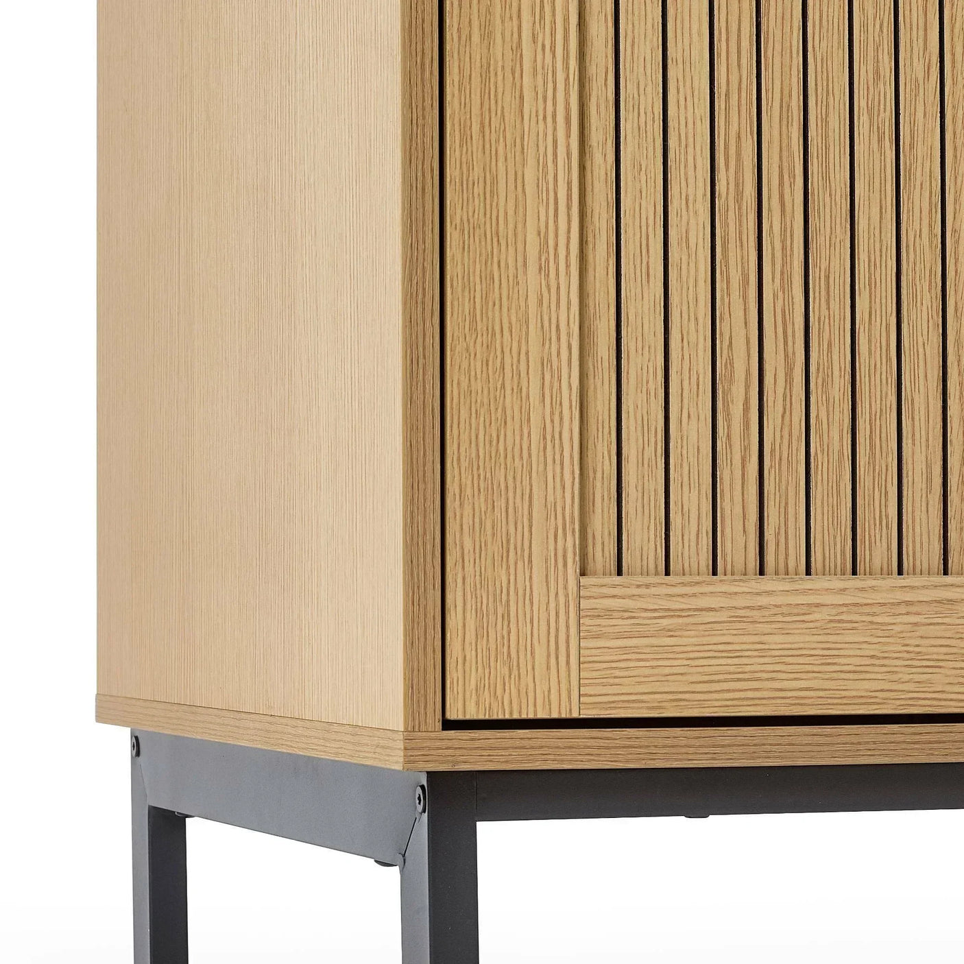 Oak sideboard corner with slatted door and black metal leg detail