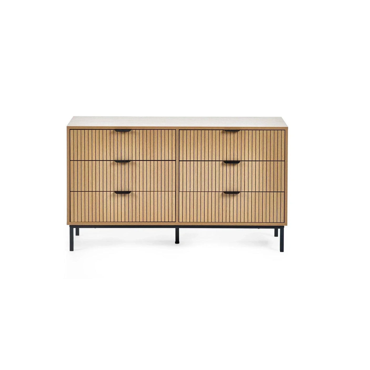 Oak chest of drawers with six vertical panelled drawers and black metal legs