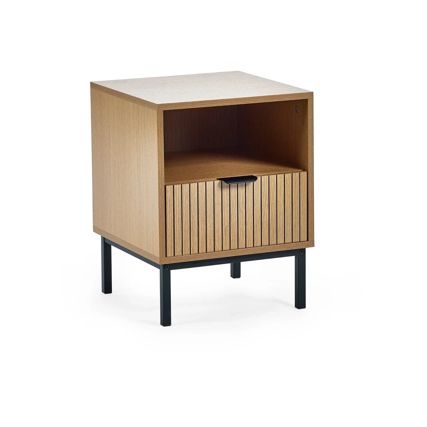 Wood side table with open shelf, slatted drawer front, and metal legs on white background