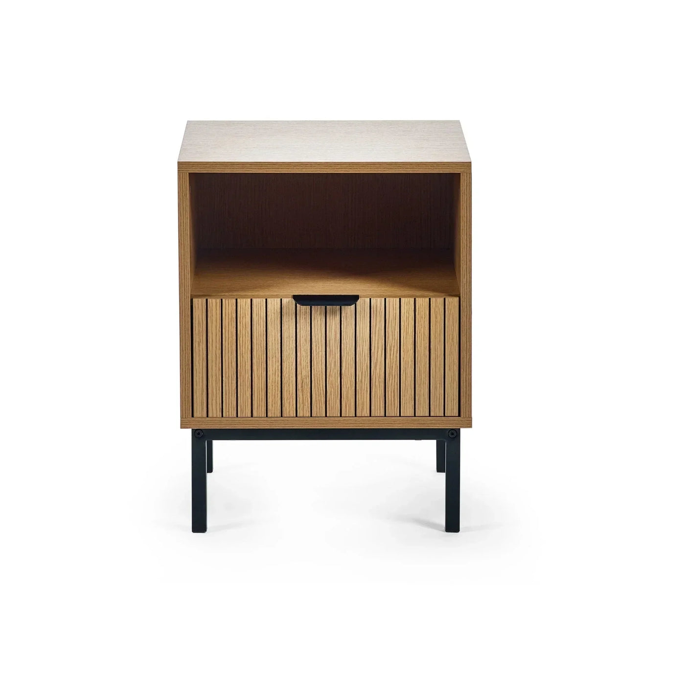 Oak bedside table with black metal legs, open shelf and slatted drawer front