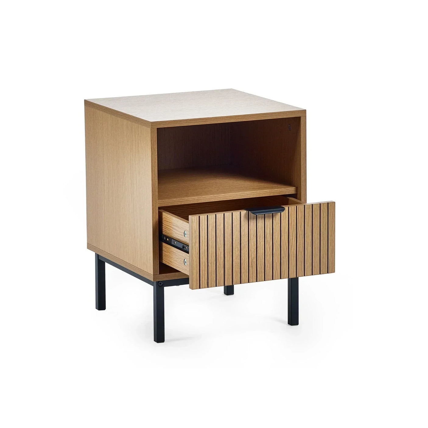 Oak bedside table with open shelf, slatted drawer front and black metal legs