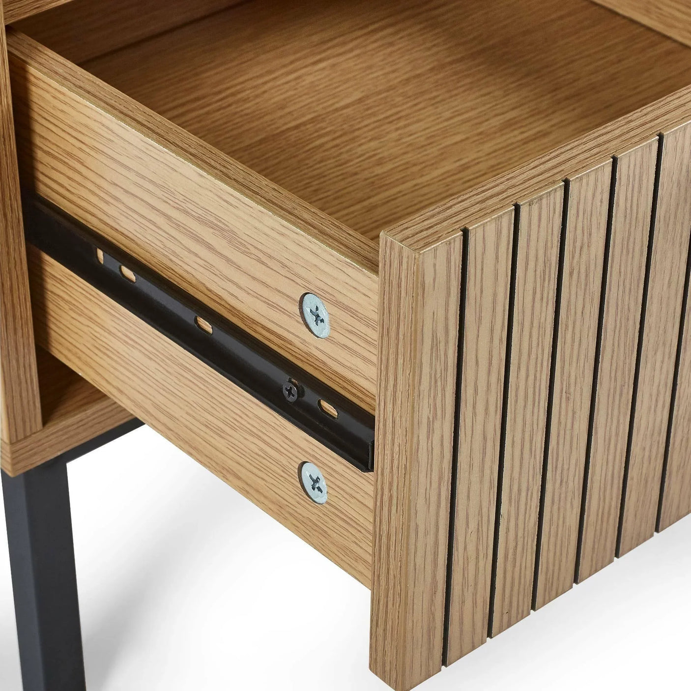 Oak wood drawer unit with black metal runners and vertical slatted front panel