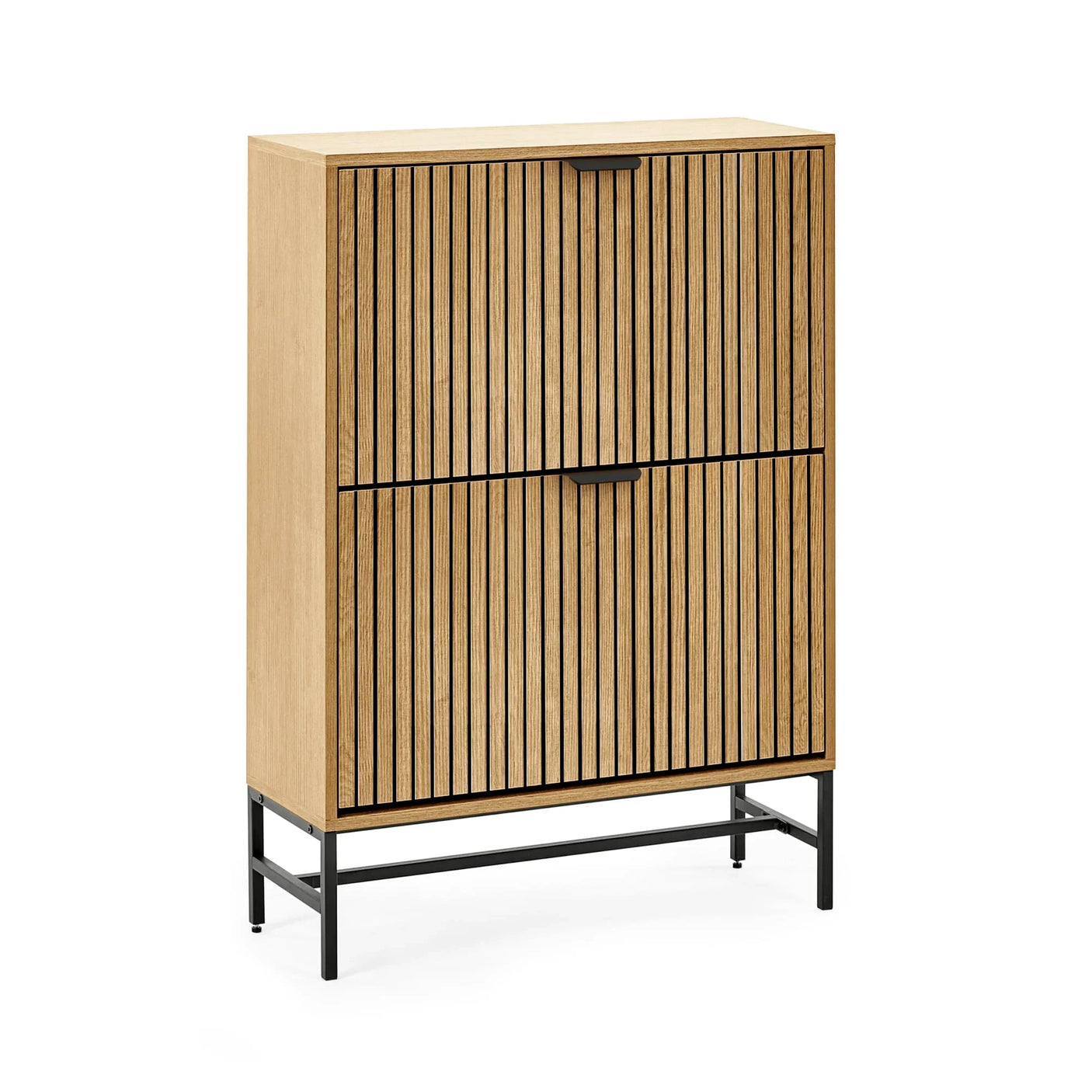 Modern wood sideboard with vertical slatted doors and black metal legs