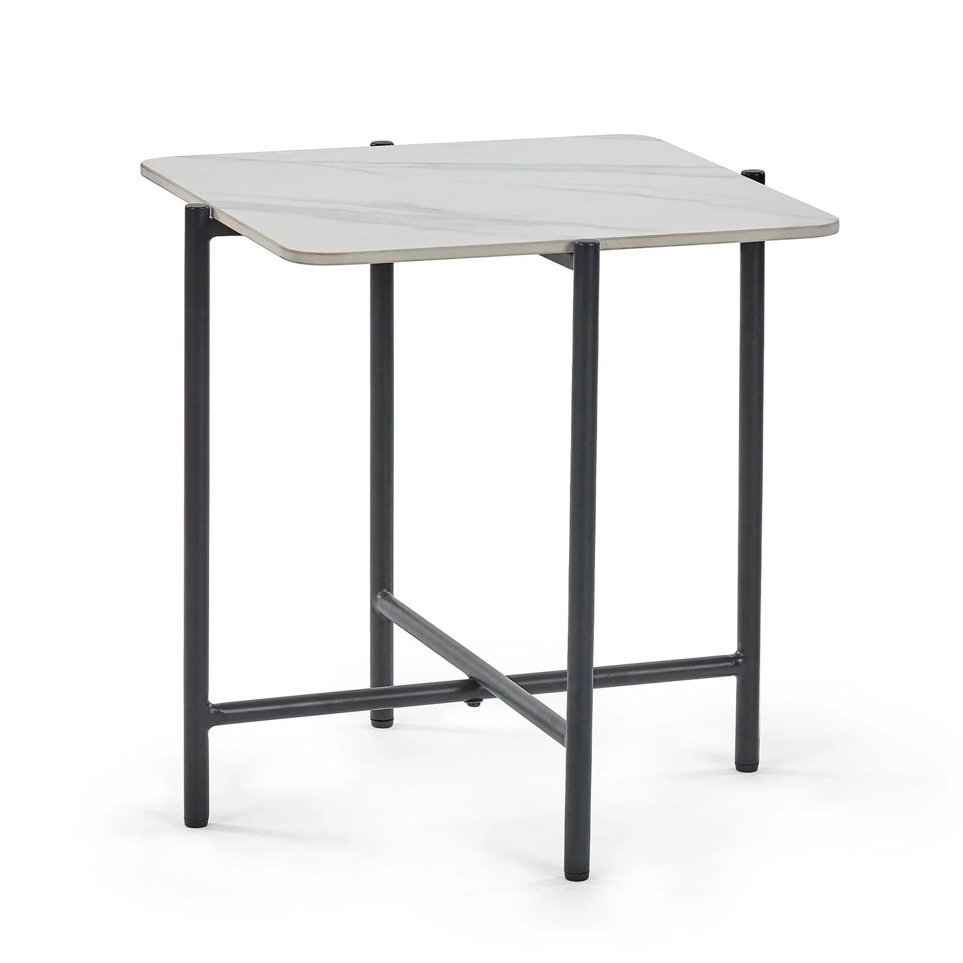 Sintered stone square lamp table with black metal legs and light grey surface, cutout view