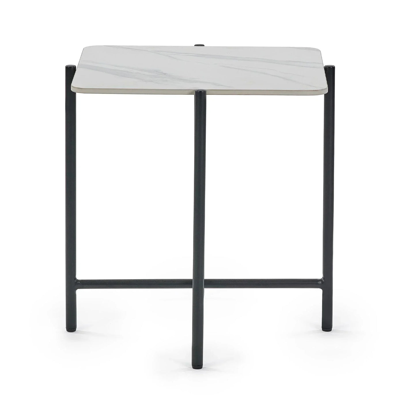 Sintered stone square lamp table with white top and black metal legs, front view