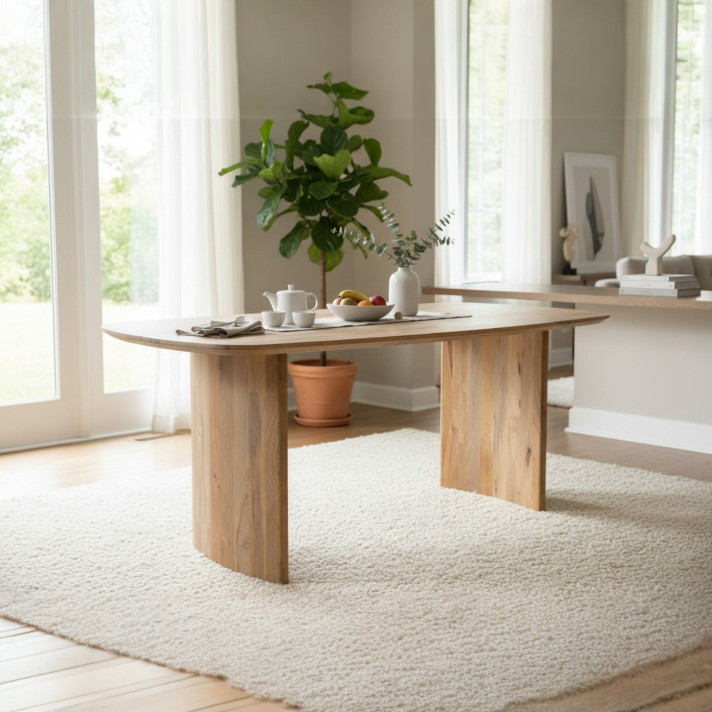 Wooden dining table with a plant and small items in a bright room.