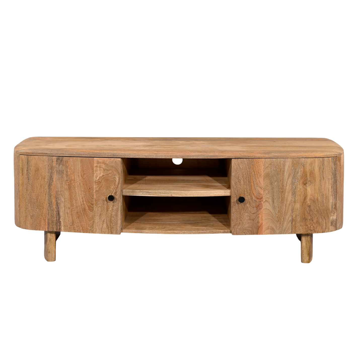 Wooden TV stand with shelves on a white background