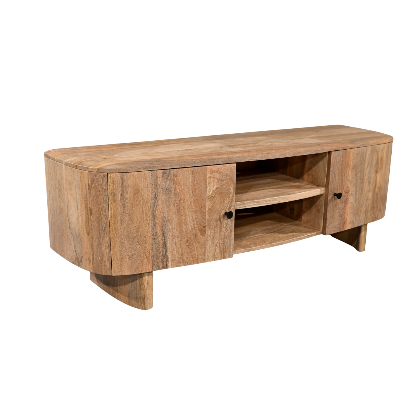 Wooden TV stand with a natural finish on a white background