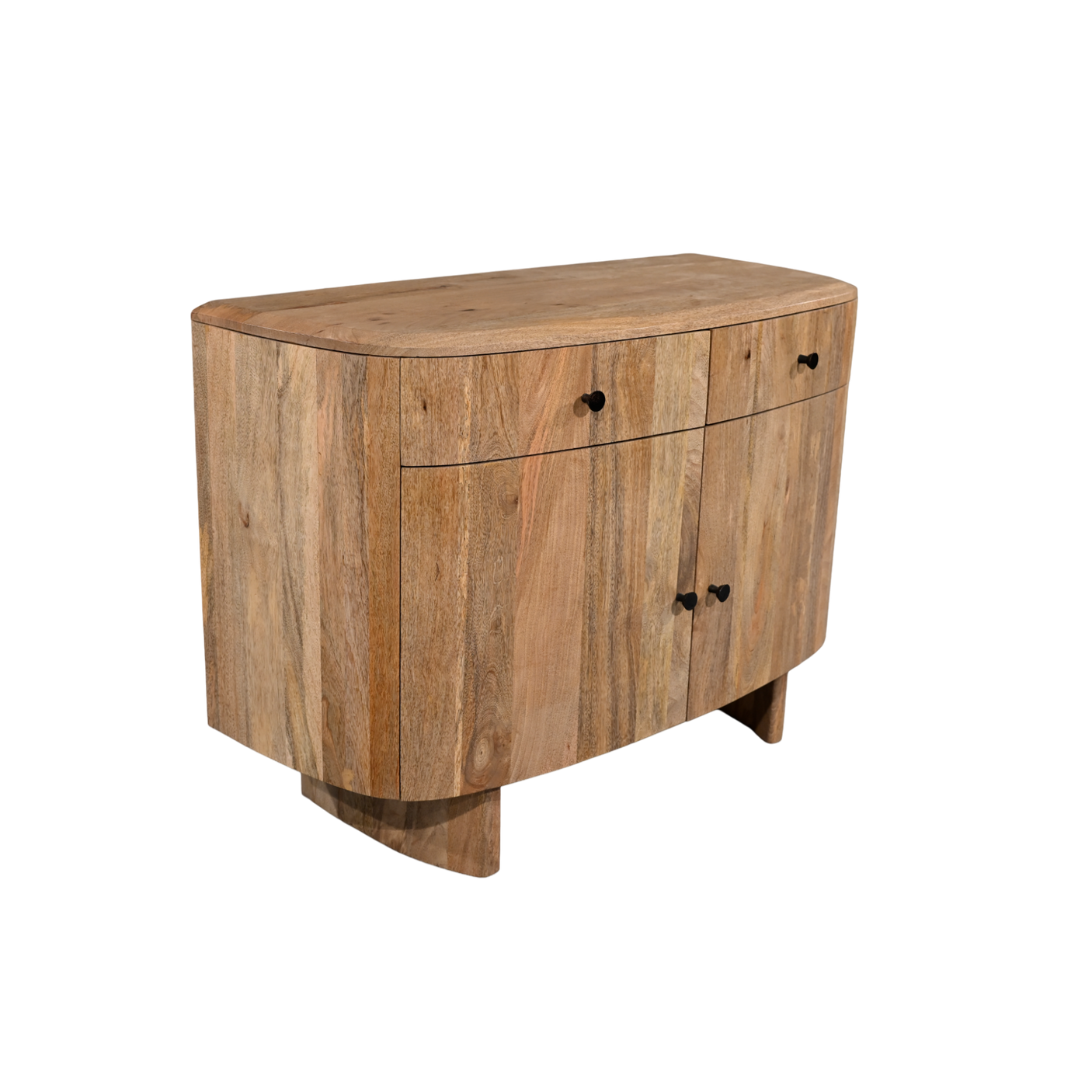 Wooden sideboard with curved design on a white background