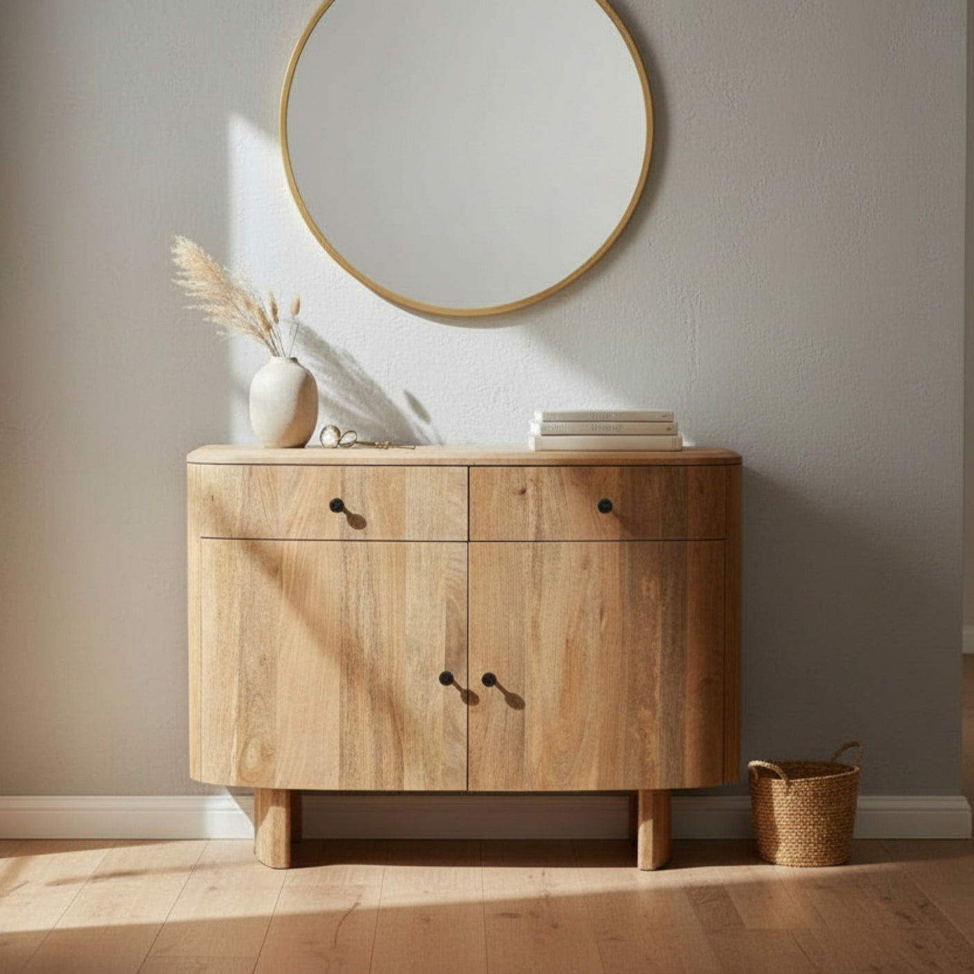Wooden cabinet with round mirror above it in a room with wooden floor and light-colored walls.