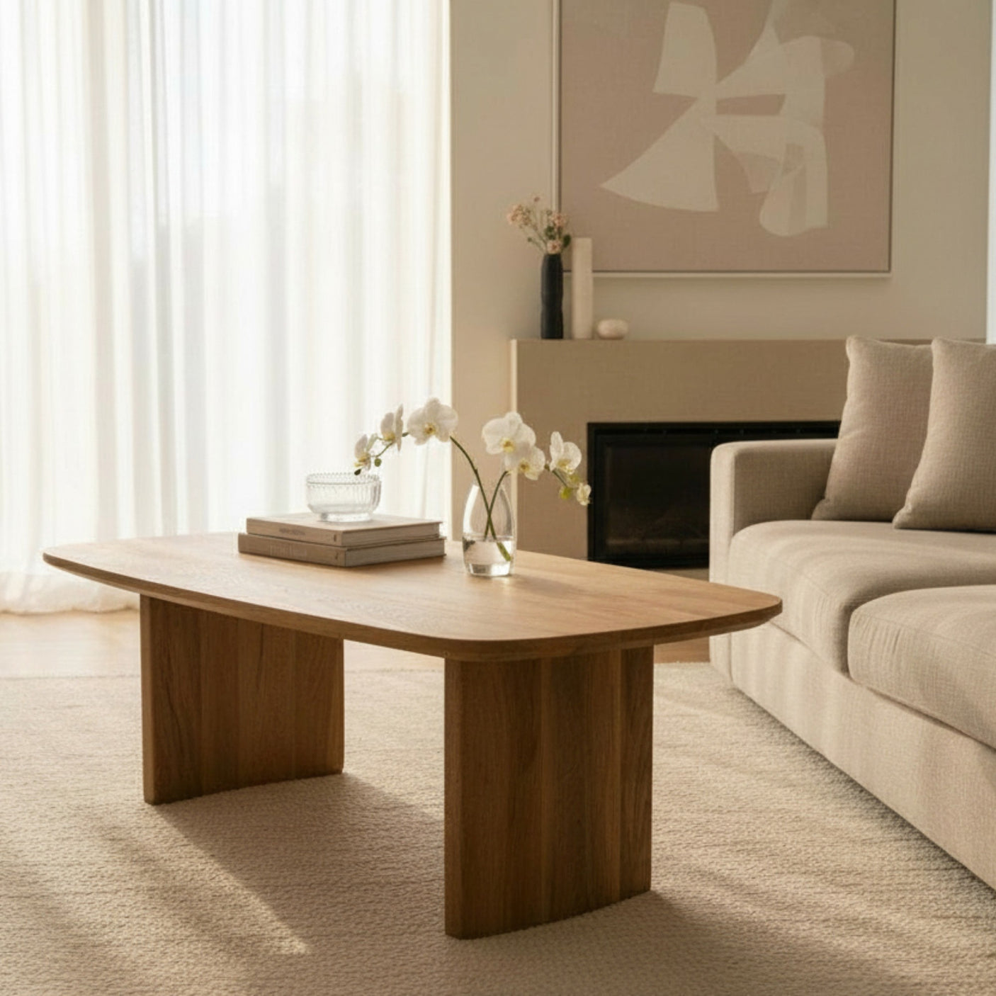 Modern living room with a wooden coffee table, beige sofa, and abstract art on the wall.