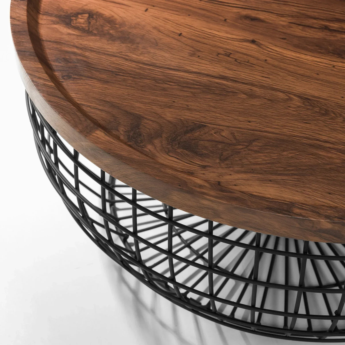 Round coffee table with wood top and black metal wire basket base