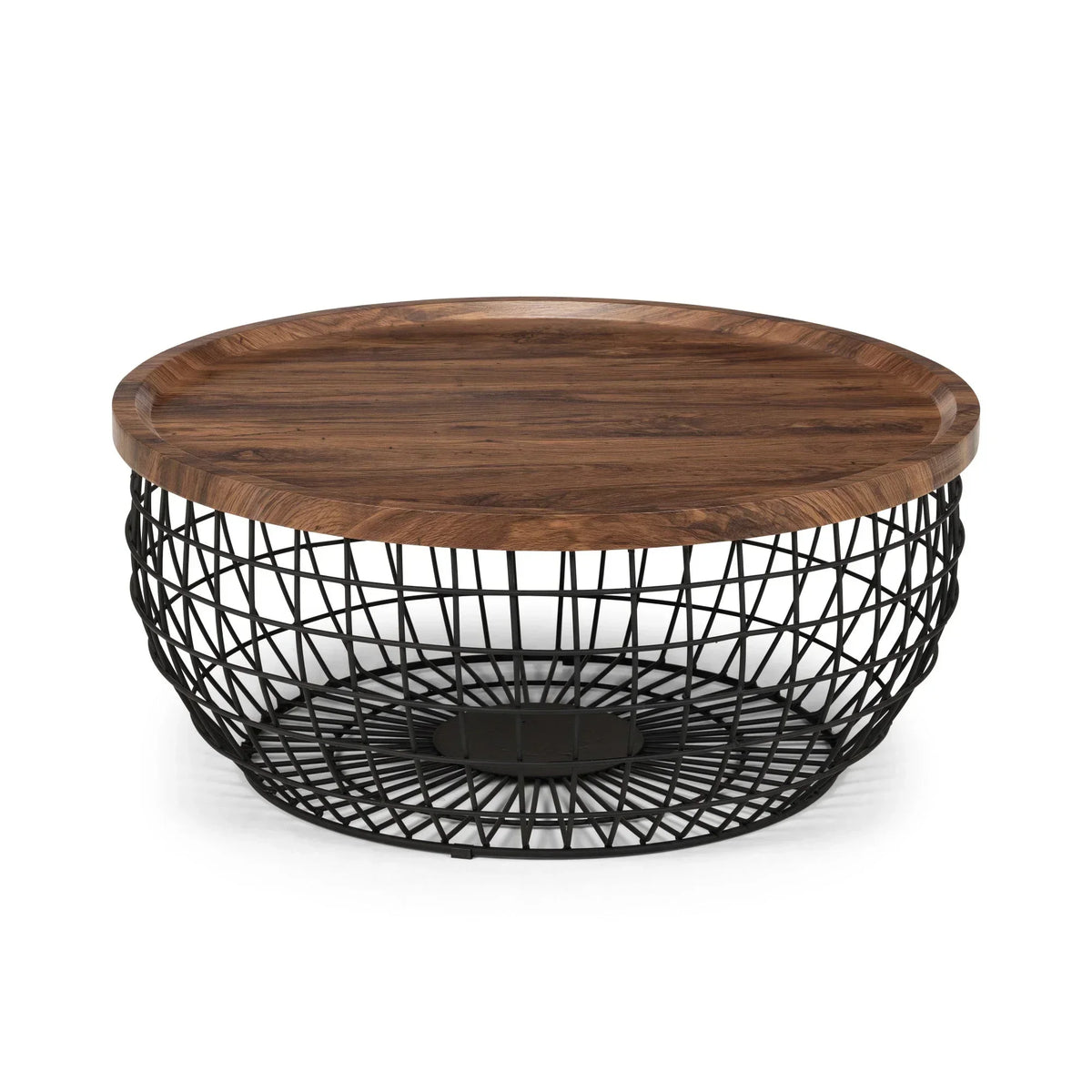 Round coffee table with walnut wood top and black metal wire base on white background