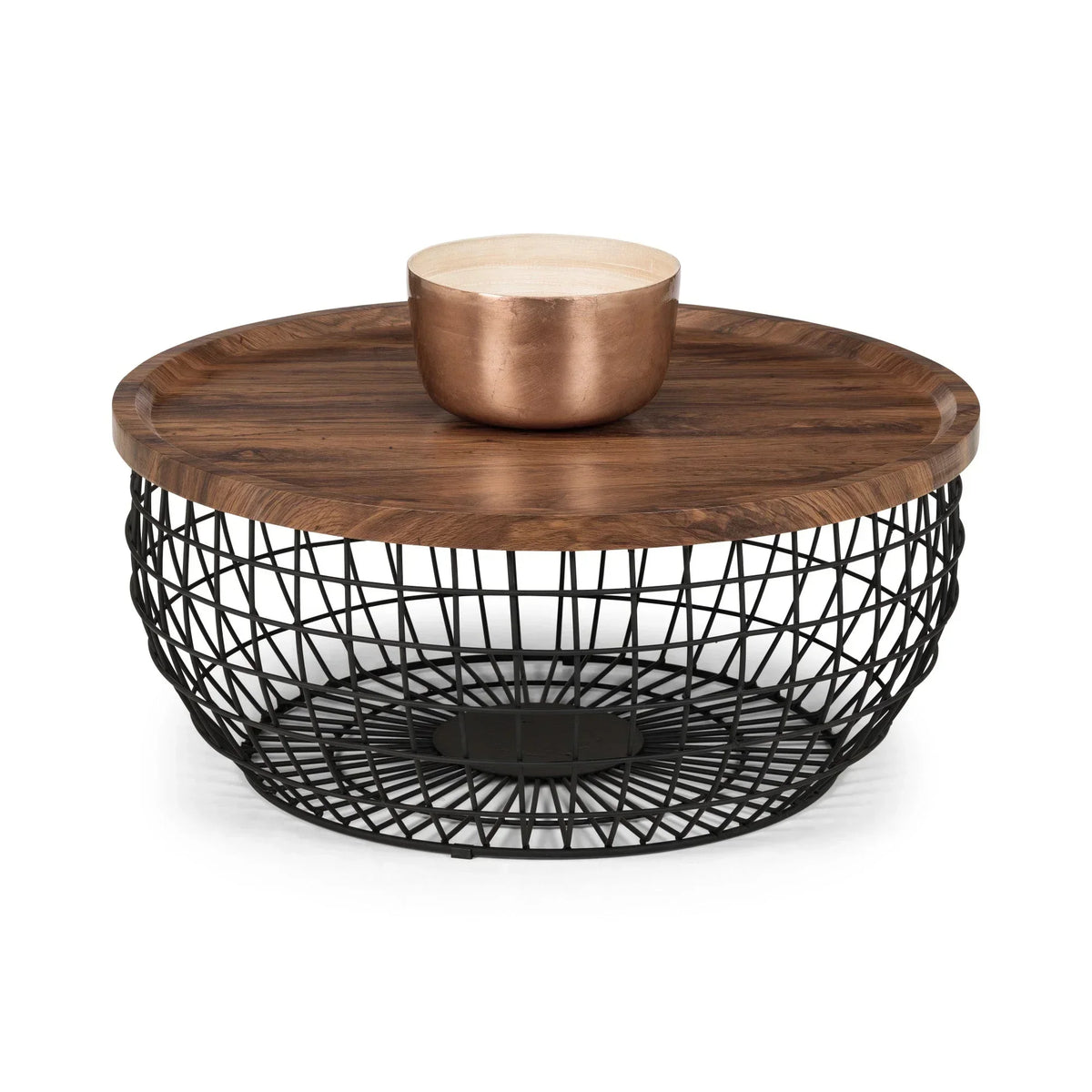 Round coffee table with wooden top, black wire basket base, copper bowl on surface