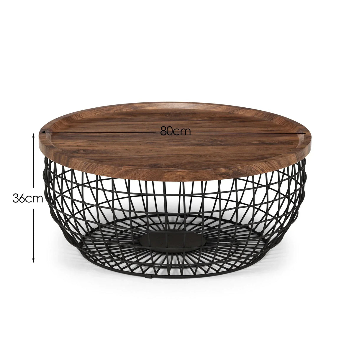 Round coffee table with wooden top and black wire metal base, dimensions 80cm by 36cm