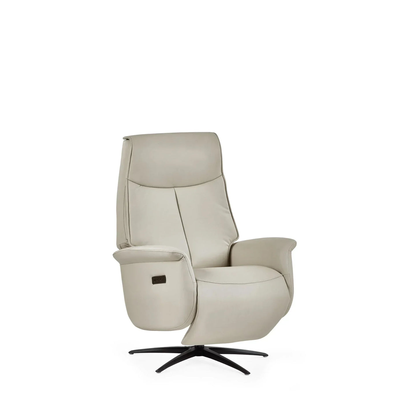 Beige dual recliner chair with high back and swivel base on white background