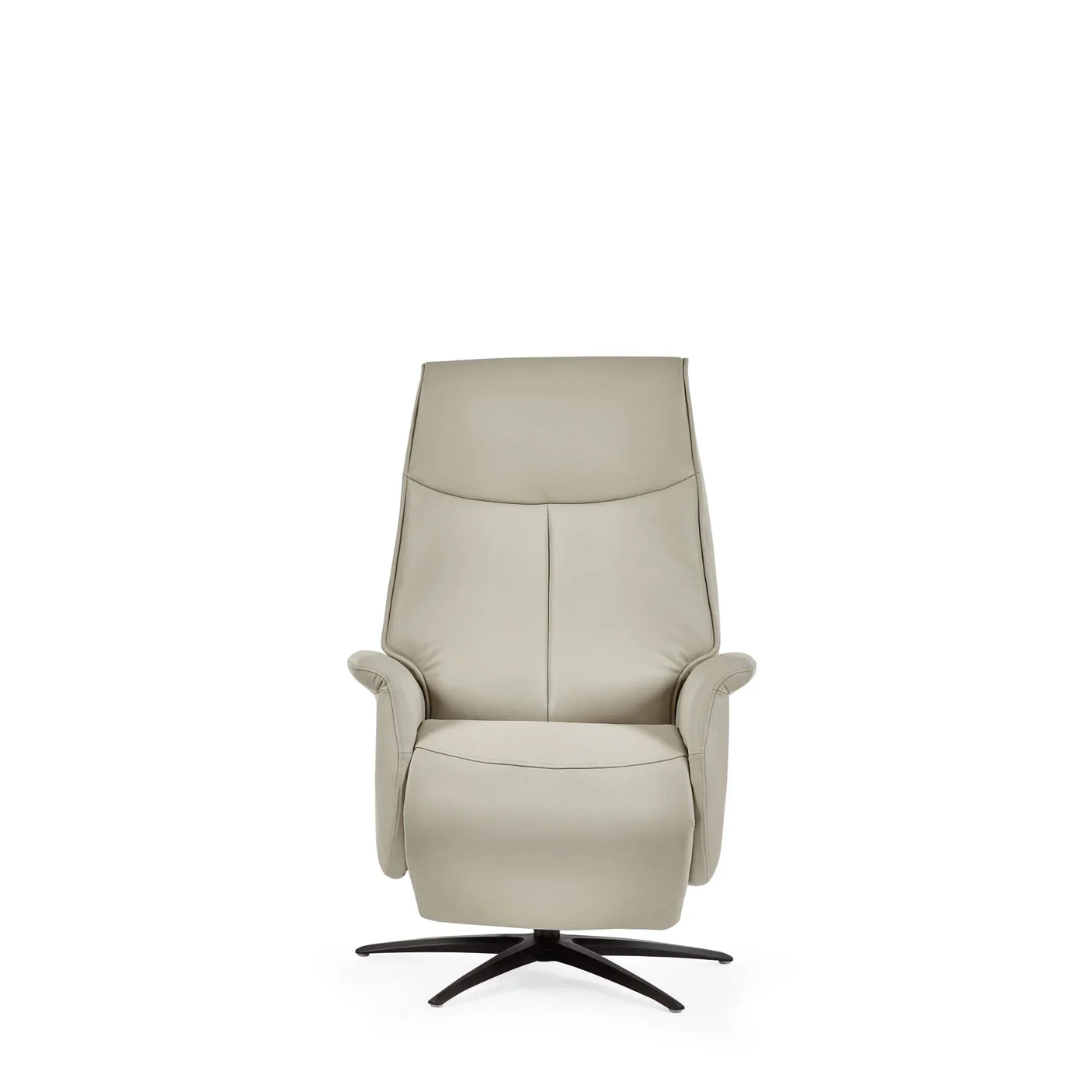 Beige dual recliner chair with high back and swivel metal base, front view