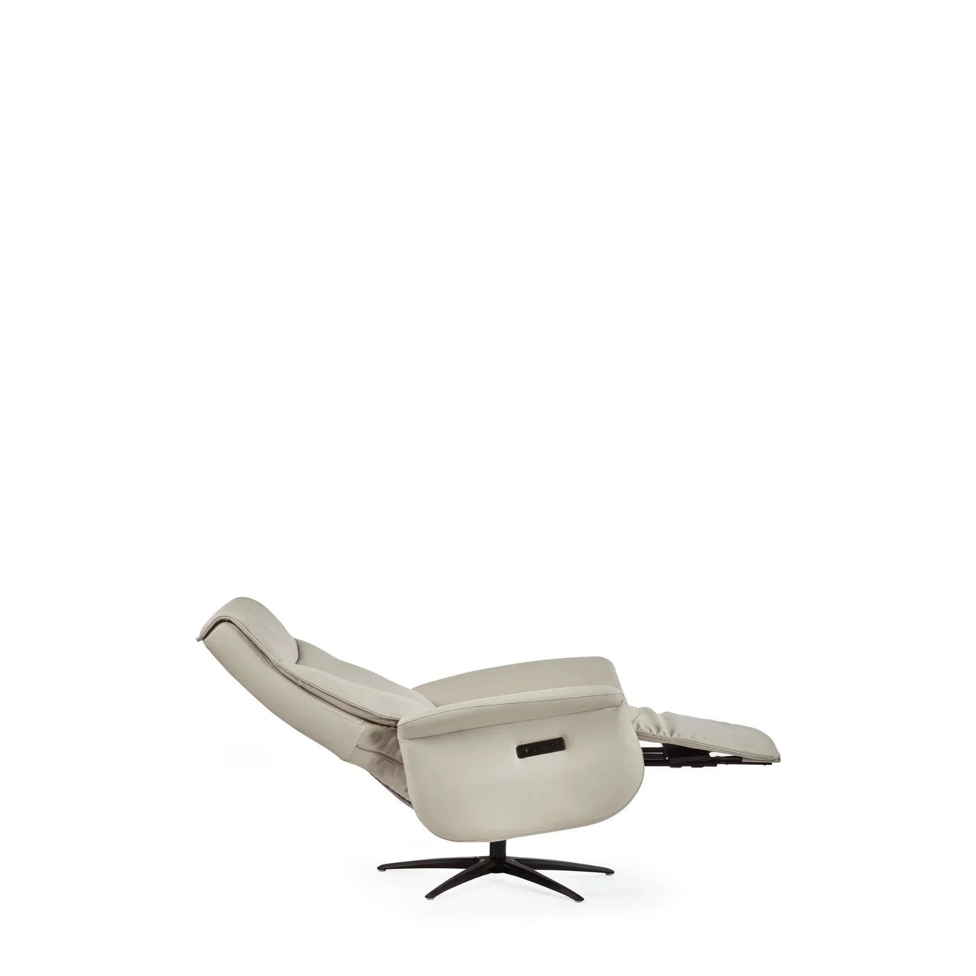 Light grey dual recliner sofa side view with extended footrest and swivel black base