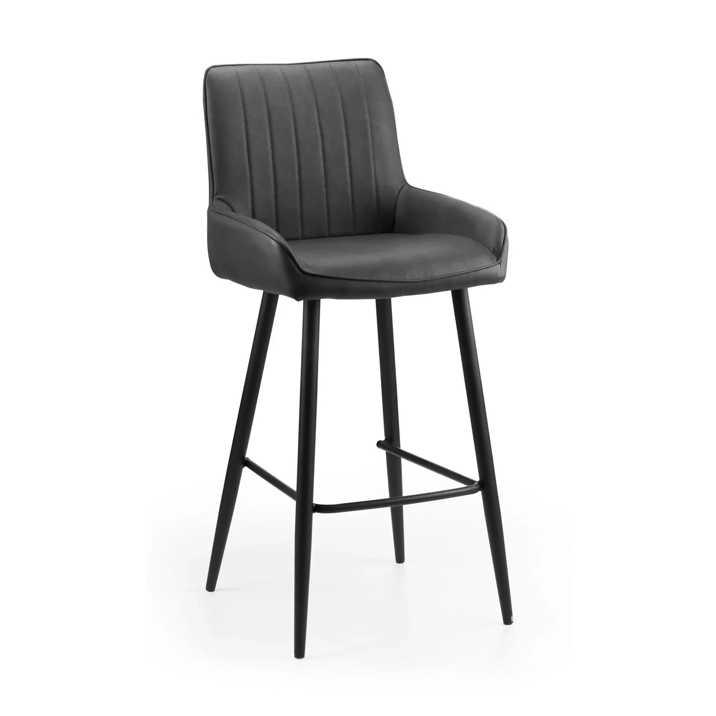 Black bar stool with padded seat, low backrest and slim metal legs on white background