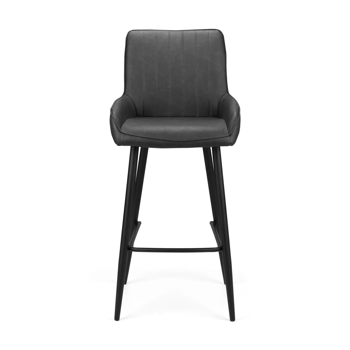 Black faux leather bar stool with high backrest, padded seat, and metal legs front view
