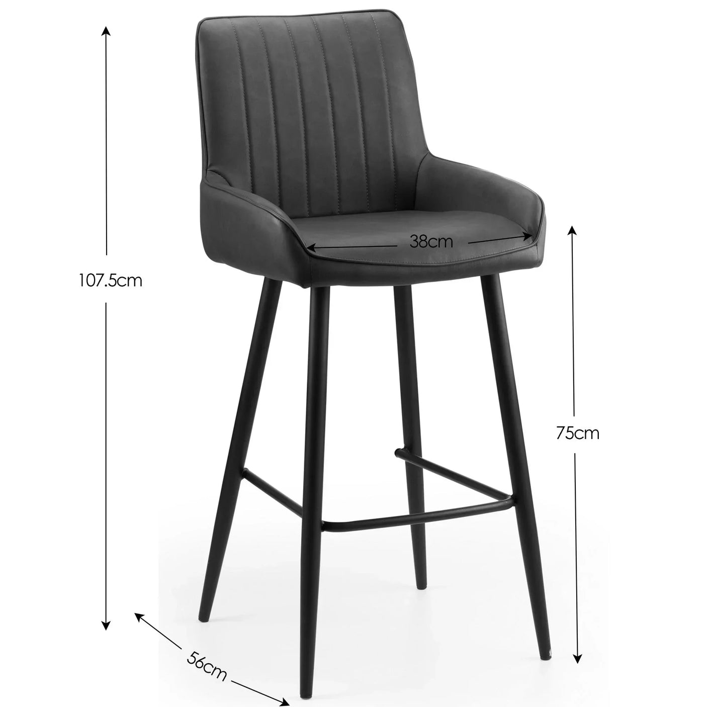 Black faux leather bar stool with armrests, high back, metal legs, and visible size dimensions