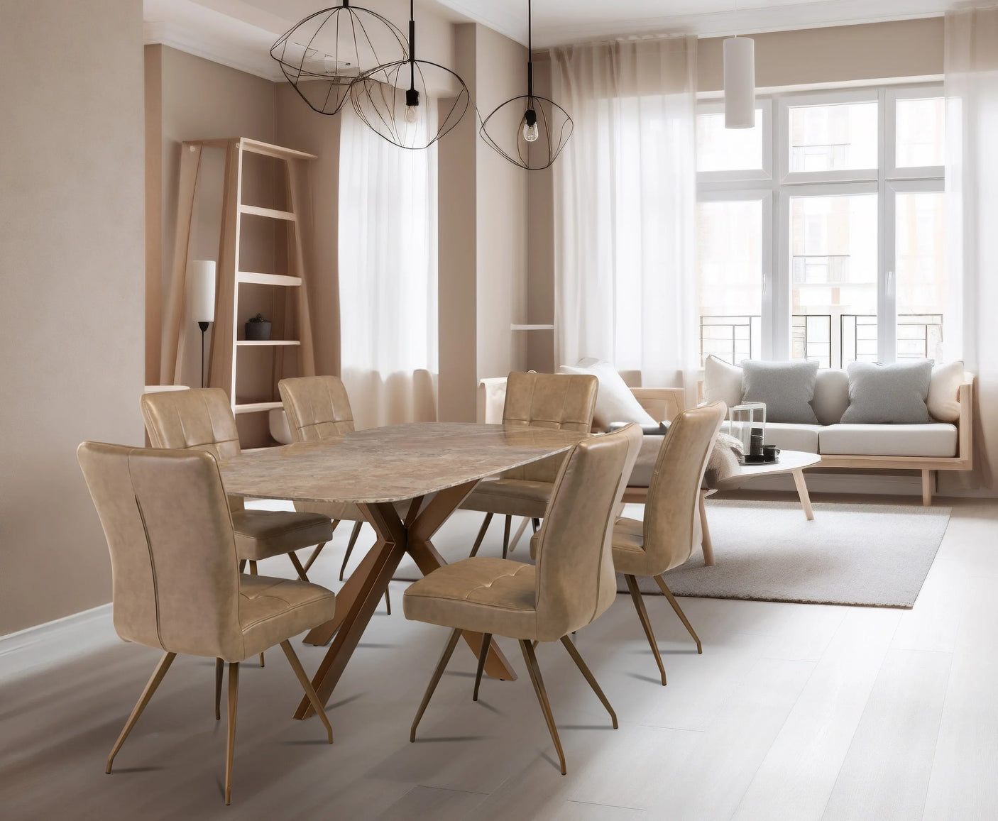 Elegant 1.8m Light Brown Marble Dining Table with Brass Legs