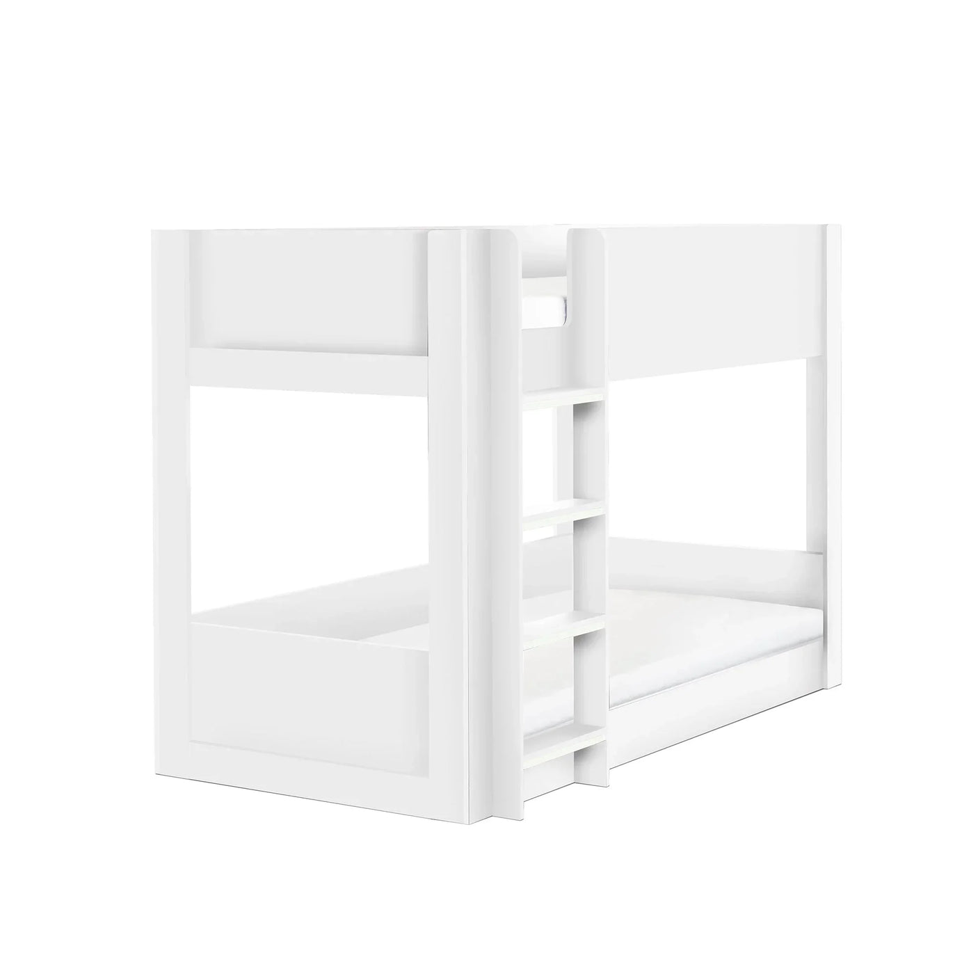 White wooden bunk bed with side ladder and panelled frame on white background