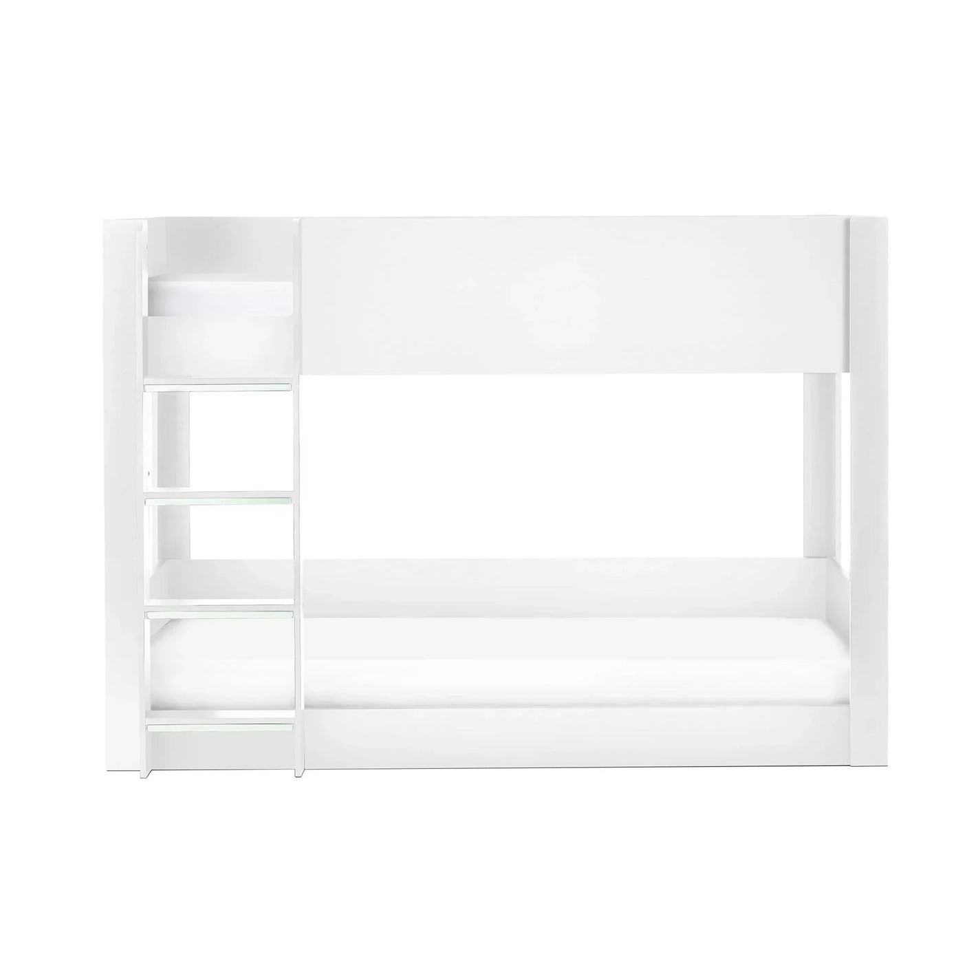 white wooden bunk bed with built-in ladder and modern frame on plain background