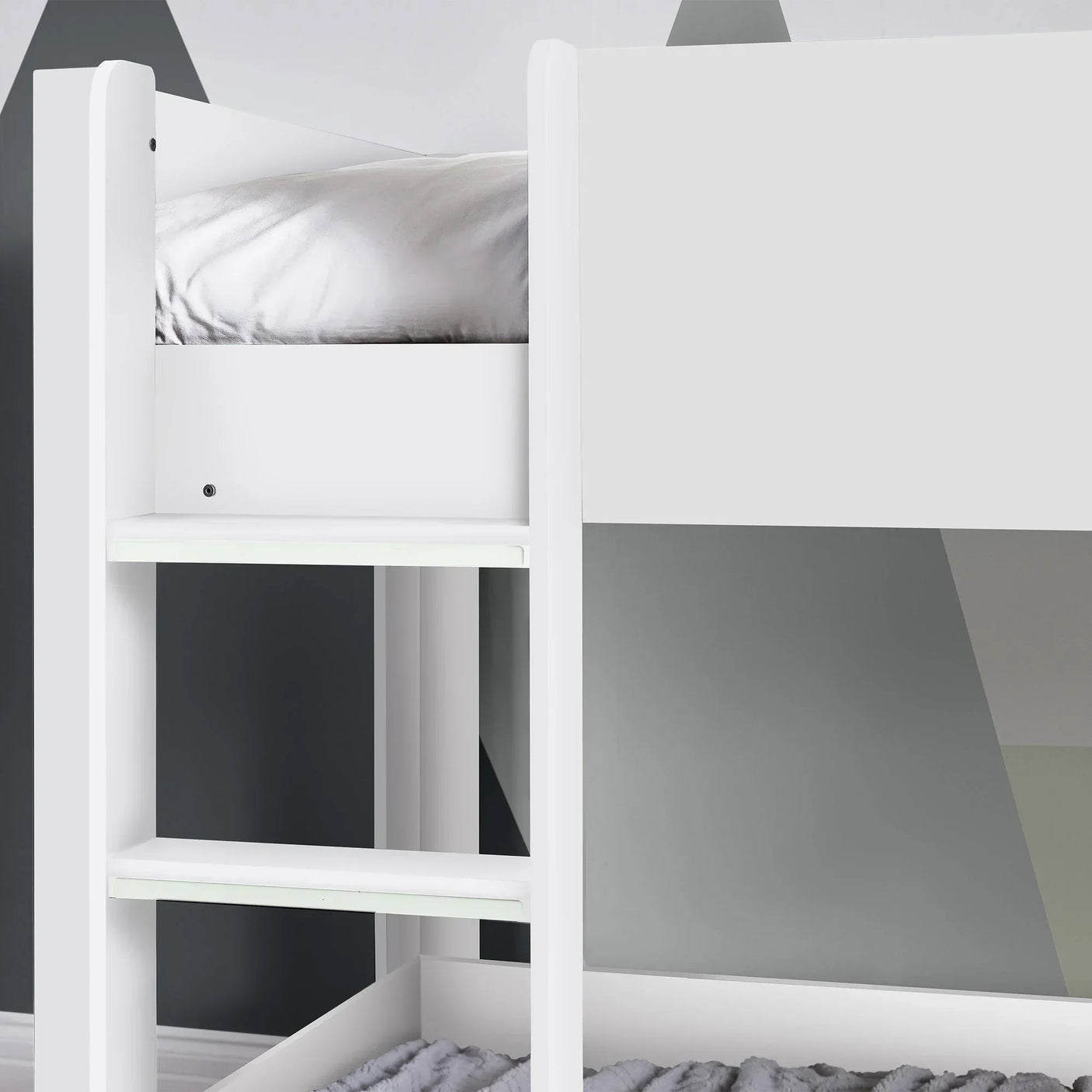 White wood bunk bed ladder with guard rail and top mattress detail