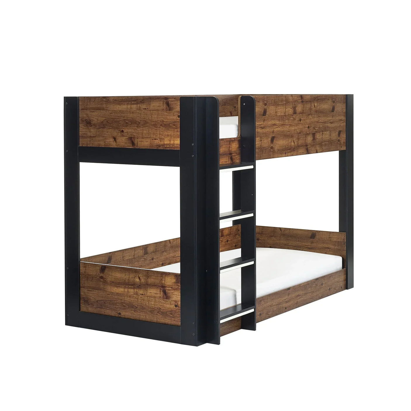 Rustic wood and black metal bunk bed with integrated ladder, mattresses visible, side angle view