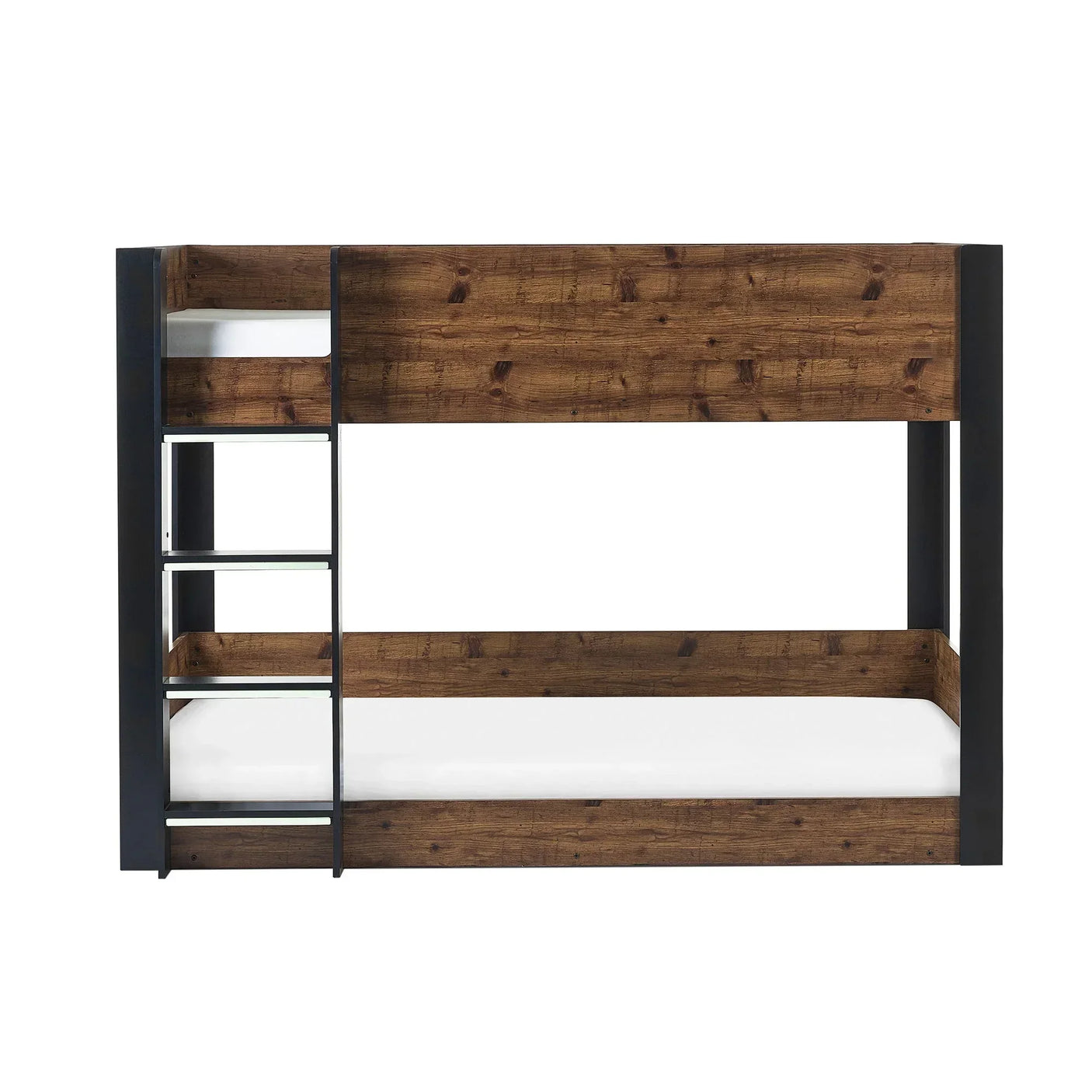 Rustic wood and black metal bunk bed with side ladder and guardrails