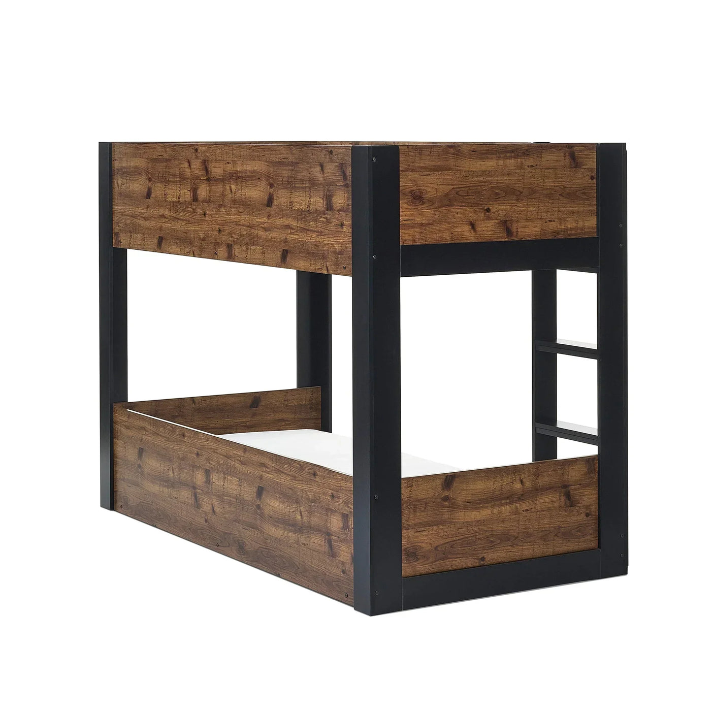 Rustic wood and black metal bunk bed with ladder, side and foot board view