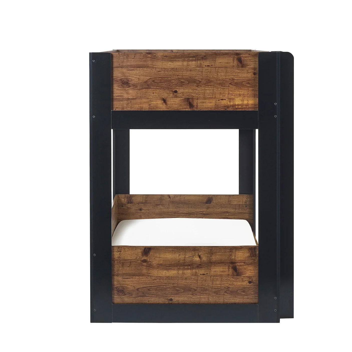 Rustic wood and black metal bunk bed with side cutout and white mattress, front view
