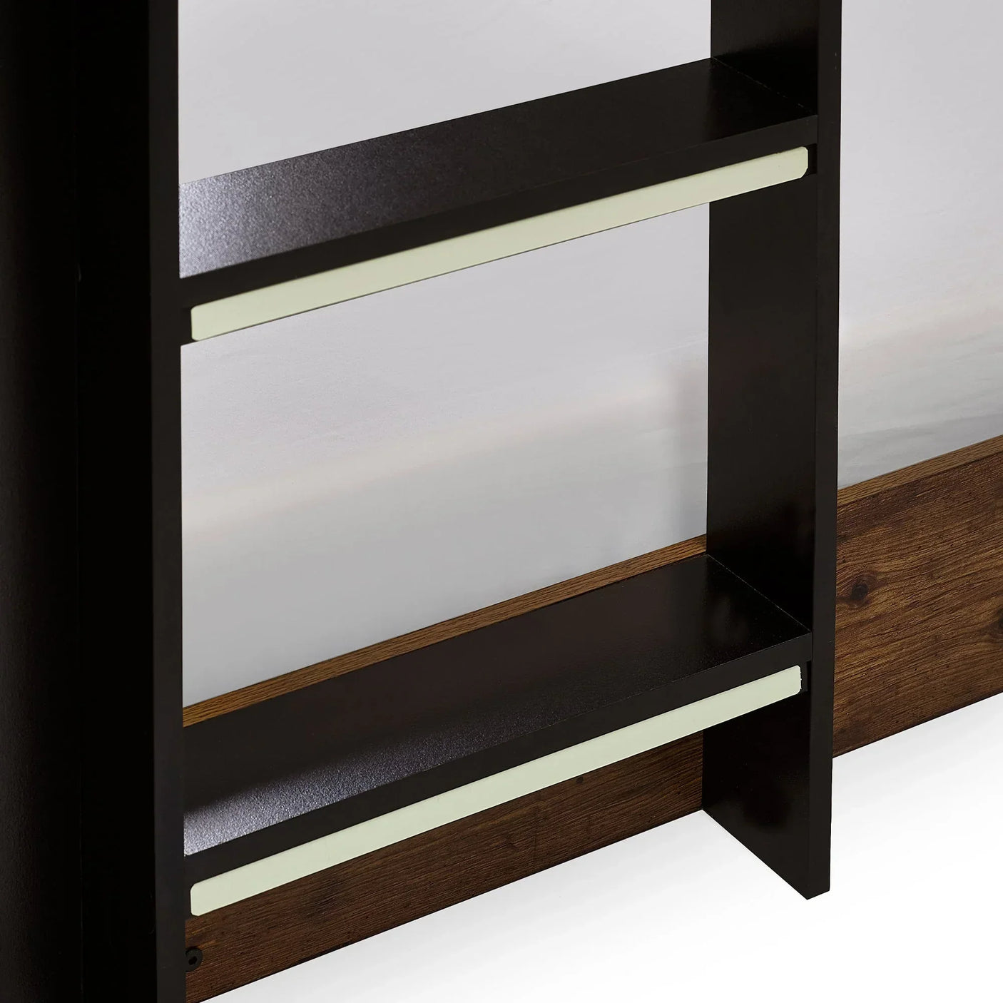 Rustic and black bunk bed ladder detail with wood and metal finish