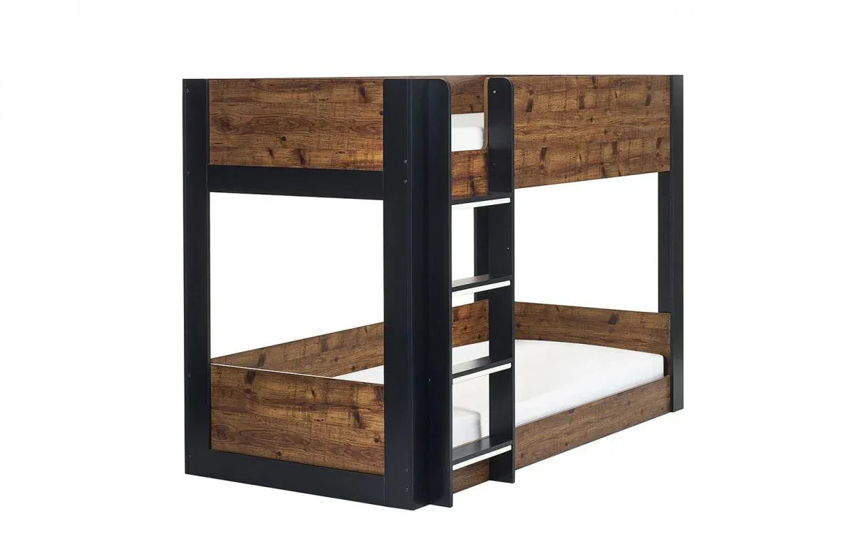 Wood and metal bunk bed with ladder, showing side and end panels