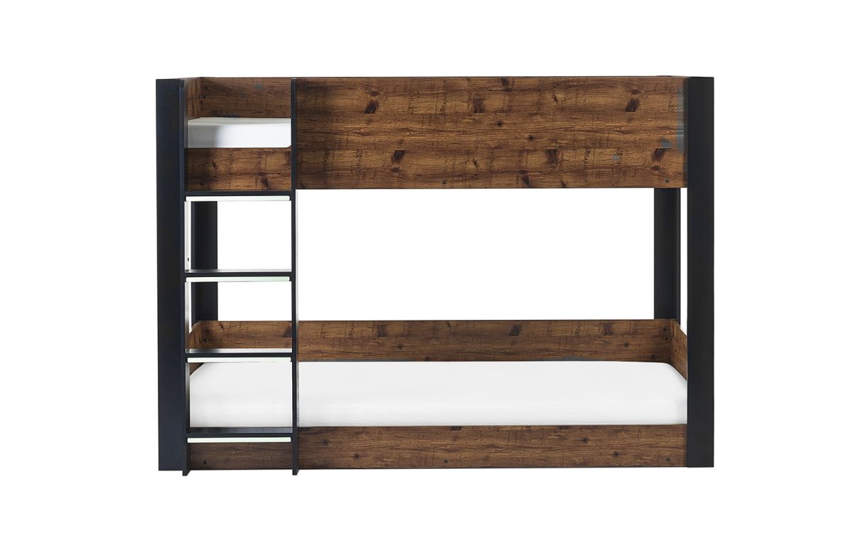 Wooden bunk bed with black metal frame and built-in ladder, front view