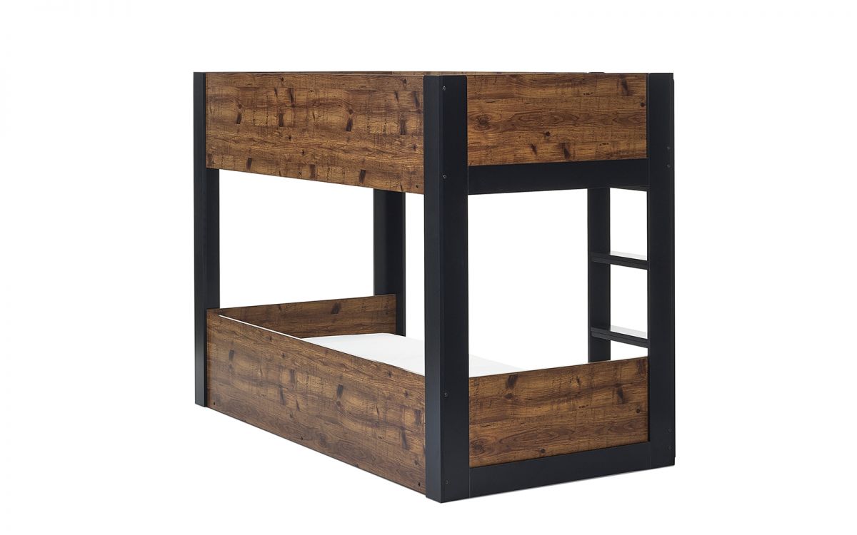 Wood and metal bunk bed frame with rustic finish and ladder, angled side view