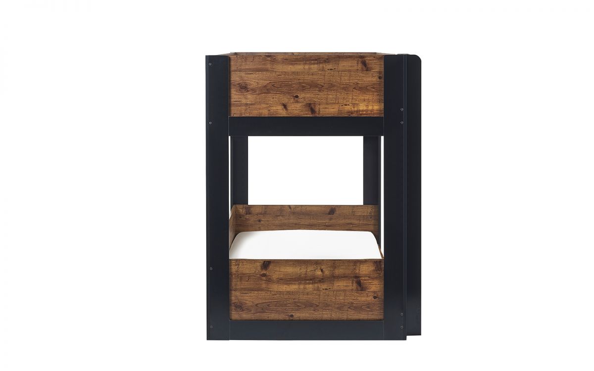 Front view of wooden bunk bed with black metal frame and panel design