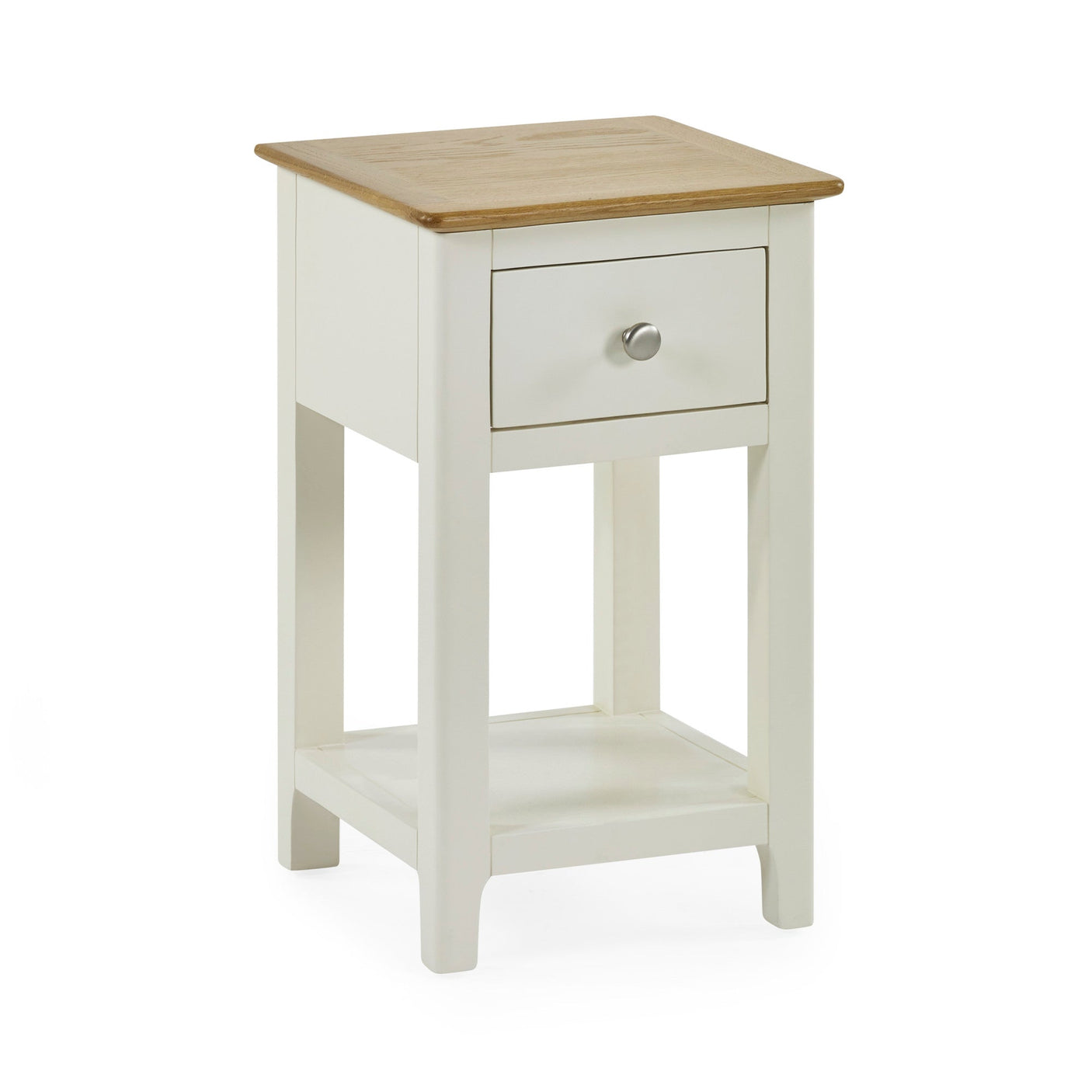Cream painted bedside table with oak top on white background, drawer closed, angled front view