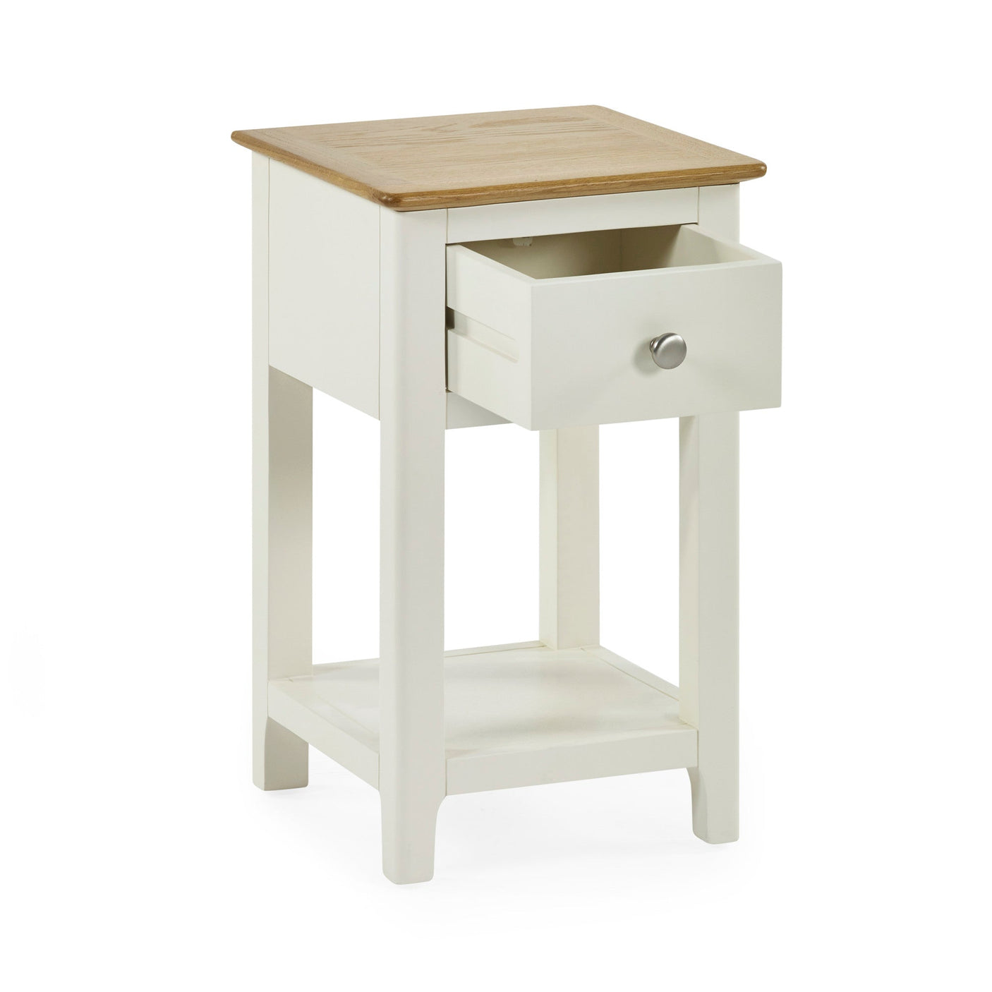 Cream painted bedside table with oak top and open drawer on white background, angled front view