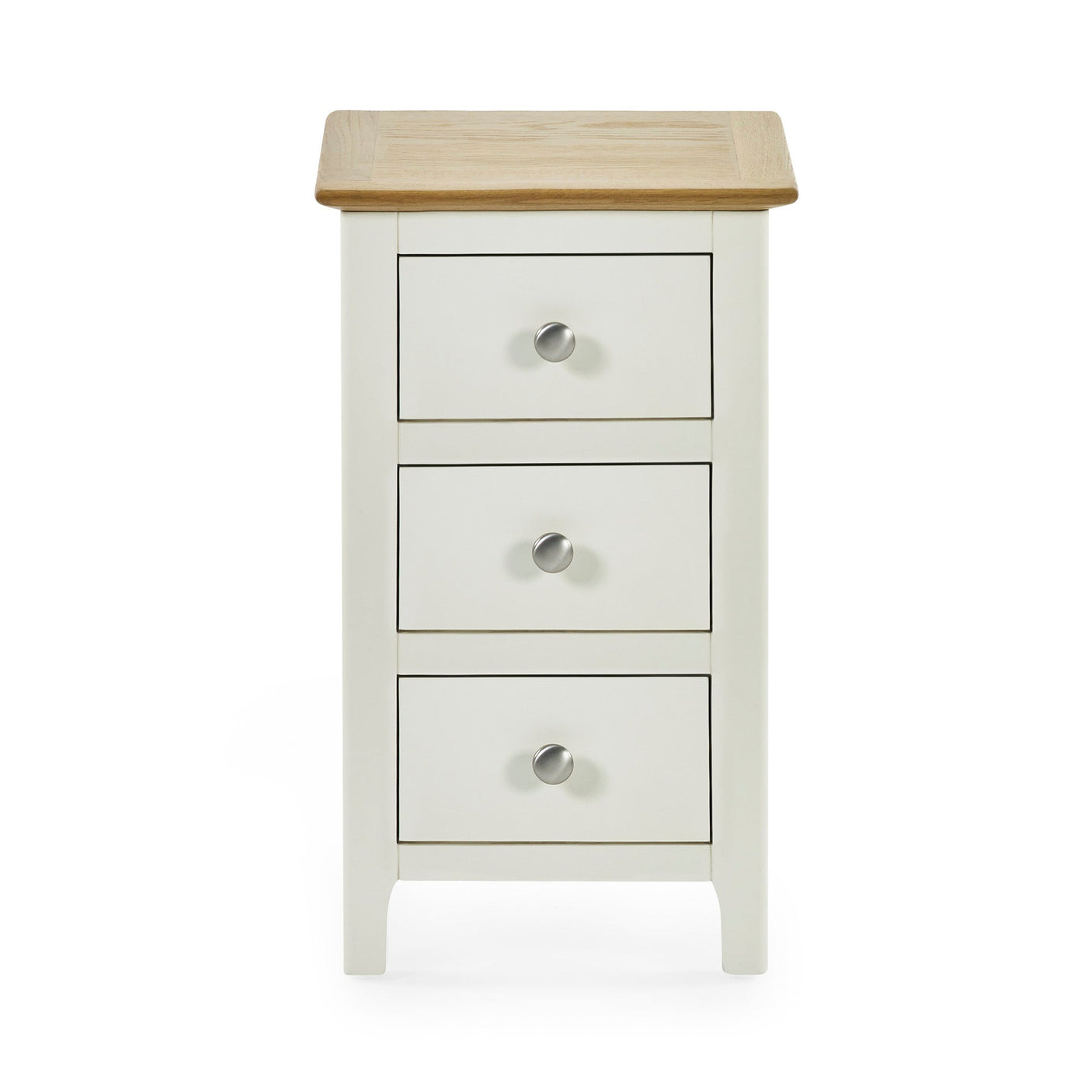 Cream colored 3 drawer bedside with oak top front view against white background, showing metal knobs