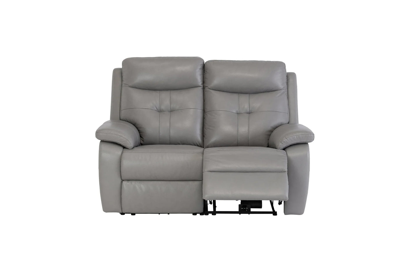 Grey leather two seater recliner sofa with padded armrests and extended footrest, front view